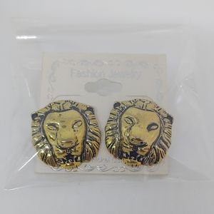 Gold Tone Lion Head Earrings NEW